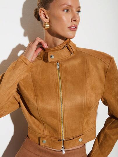 Nuvra 女士纯色长袖高领拉链设计优雅约会/通勤短夹克，秋冬