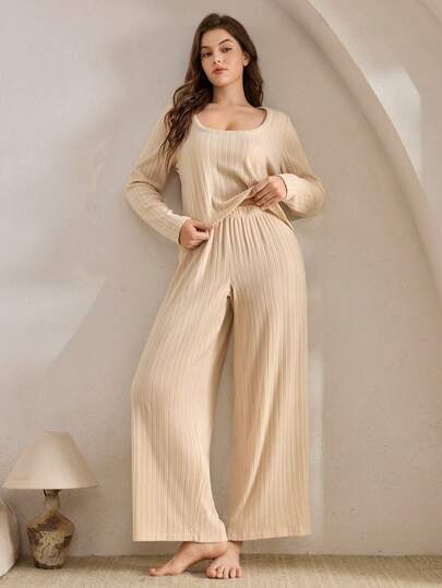 Ocili Plus Size Women Solid Color Round Neck Long Sleeve Top And Wide Leg Pants Pajama Set, Winter Clothes