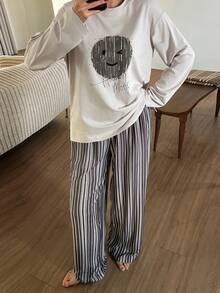 DAZY Graphic Print Loose Top And Striped Pants Women Sleepwear Pajama Set, Winter Clothes - Khaki - View 3