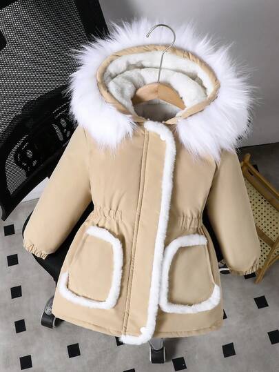 Young Girl' Colorblock Fluffy Faux Fur Collar Long SleevePadded Coatt