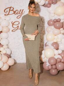 Loomaby 孕妇时尚派对斜肩长袖连衣裙 - 杏色 - 查看 6