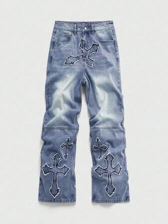 Goth Casual Versatile Cross Embroidered Wide Leg Men's Jeans