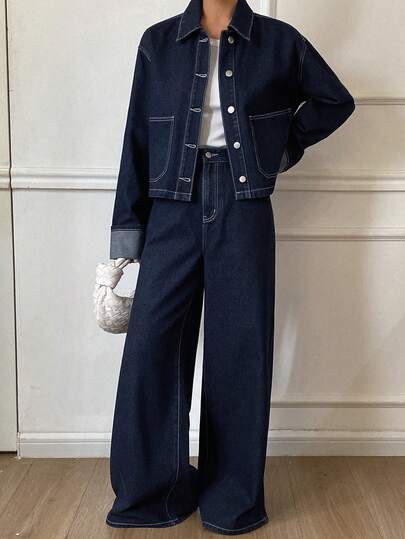 DAZY Conjunto de chaqueta vaquera casual con cuello y bolsillos y pantalones para mujer, otoño/invierno