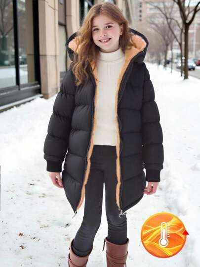 SHEIN 1 pieza Abrigo acolchado de manga larga y largo medio para niña preadolescente, forro de felpa, cómodo y cálido, prenda exterior unicolorido