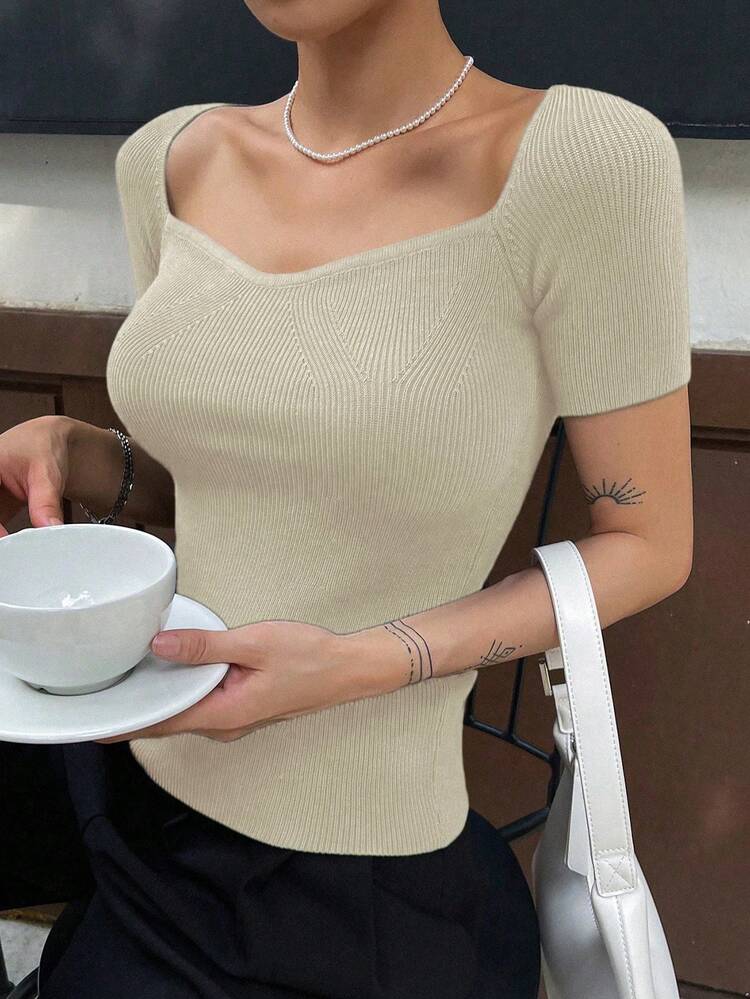 Solid Color Sweetheart Collar Short Sleeve Casual Ribbed Fitted Knit Top