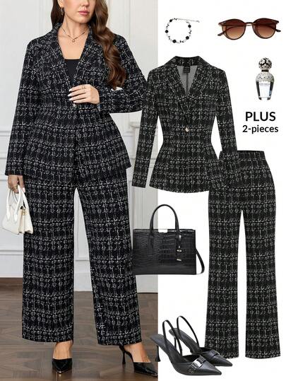 Ellevyn Plus Size Elegant Plaid Lapel Long Sleeve Jacket And Pants Set, Graceful For Party And Evening Wear, Autumn/Winter Office Attire For Women Winter Clothes For Women Winter Christmas Christmas Outfit For Women New Year Clothes New Year  Thanksgiving Outfit For Women Thanksgiving Elegant Dress Women Elegant Women's Set Stylish Clothing Collection Warm Clothes Women