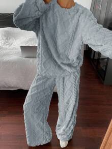 DAZY 2件套女士加厚绒毛宽松长袖上衣和裤子蓬松舒适睡衣套装，秋冬款 - 藍色 - 查看 4