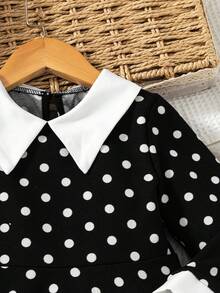 SHEIN Elladie kids Girls' Casual Black Contrast Collar Waist Knit Dress - Black - View 4