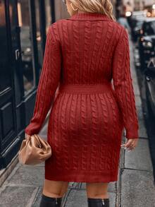 SHEIN LUNE Plus Size Women Solid Color Knitted V-Neck Button Fitted Bodycon Commuter Elegant Formal Pullover Sweater Dress, Autumn/Winter