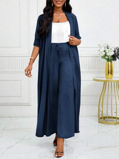 SHEIN Lady Conjunto de dos piezas de chaqueta de cárdigan largo de unicolor elegante, casual, de oficina, de vacaciones, simple y pantalón recto holgado para mujer, para las cuatro estaciones