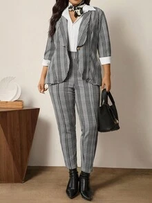 Zelara Plus Size Casual/Office Minimalist Blazer And Pants 2 Pieces Suit Set Casual Sets For Women Casual Outfit For Women Thanksgiving Outfit For Women Fall Outfits For Women Women's Winter Clothes Party Outfit Thanksgiving Winter Clothes New Year Outfit  Casual Sets For Women  Casual Blouses For Ladies Plaid - Black and White - View 4