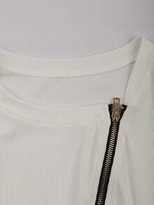 Franclia 大码女式法式休闲优雅罗纹长袖T恤，秋冬 - 白色 - 查看 3