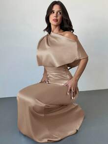 Firerie 女士优雅露肩醋酸纤维缎面鱼尾长裙，适合派对、庆典等场合/秋季女装/派对鸡尾酒会礼服/优雅性感的夜总会服装/节日礼服/婚礼宾客礼服/优雅婚礼宾客礼服/女士教堂礼服/女士约会晚礼服/约会礼服/ - 卡其色 - 查看 4