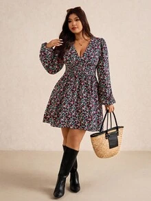 Elaquor Plus Size Casual Vacation Ditsy Ditsy Floral Cinched Waist Lantern Sleeve Dress, Autumn Women Floral Dress Picnic Dress Ditsy Floral Dress Long Sleeve Floral Dress