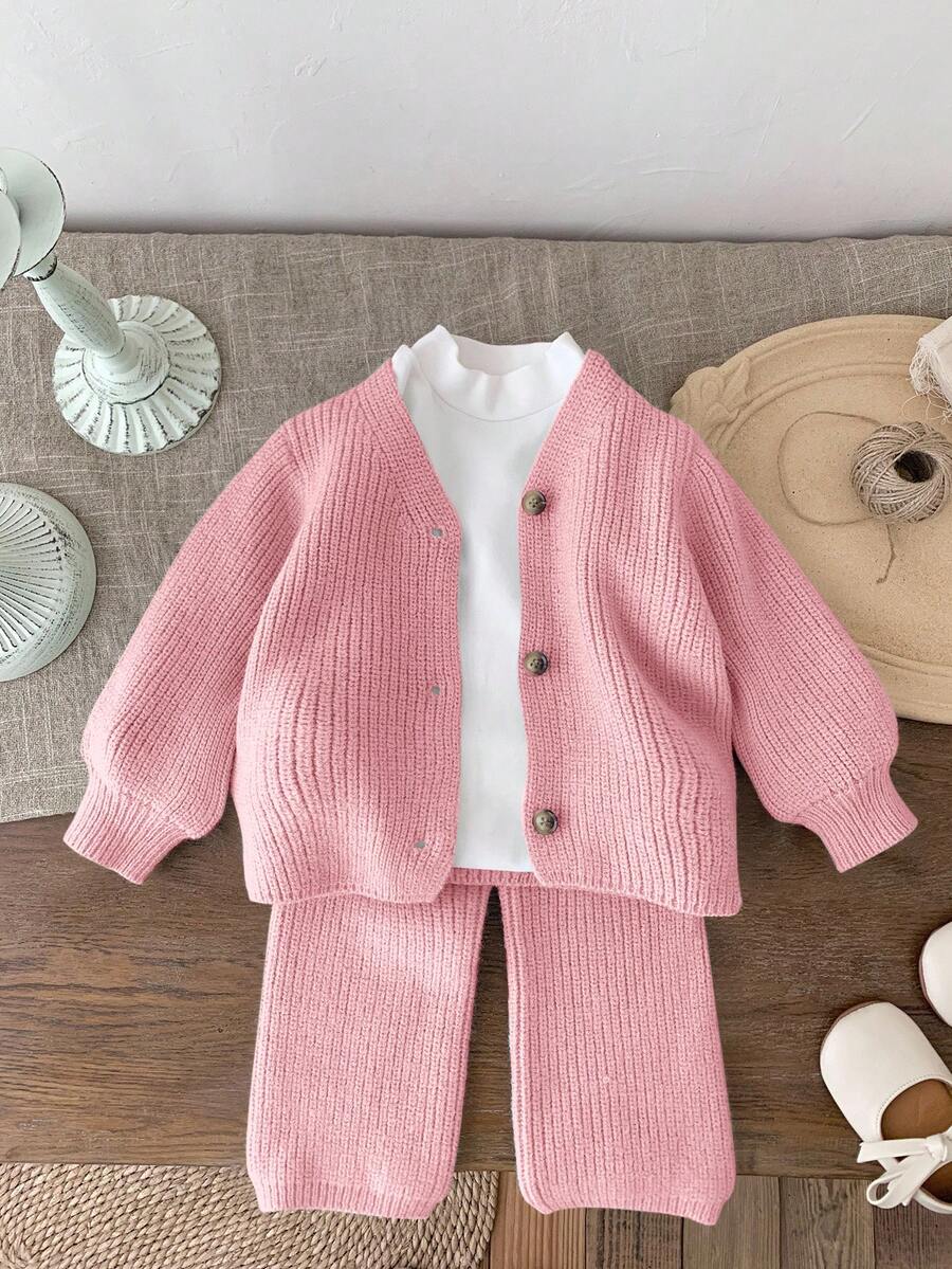 SHEIN LMoss Kids Conjunto de 2 piezas de LMoss para bebé niña: Cardigan y pantalón de pierna ancha de punto, adecuado para exteriores y ocasiones casuales en otoño e invierno - Rosa - Ver 1