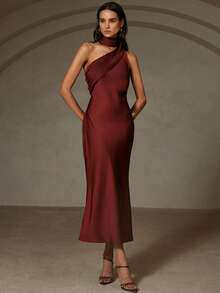 EMERY ROSE Elegant Commute & Vacation Asymmetric Satin Dress - Rust Brown - View 4