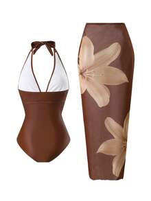 Swim Oasis بدلة سباحة قطعة واحدة مطبوعة بالزهور مع تنورة ساروج - لييلي بني