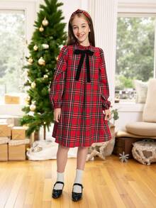 SHEIN Tween Girl Elegant Red Plaid Ruffle Bow A-Line Long Sleeve Dress With Headband,Back-To-School Autumn Winter Casual School Outfit,Cute Vintage Woven - Red - View 8