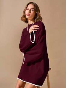 EURMUSE 套头米色长款毛衣，带下摆和袖子细节+320 - 酒紅色 - 查看 4