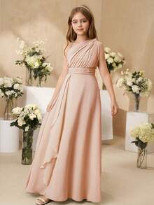 SHEIN Tween Girls Elegant Wedding Flower Girl Dress, Chiffon Ruffled Shawl, Fashion Party Tulle Puff Princess Dress, Suitable For Girls Of All Seasons Fall Winter