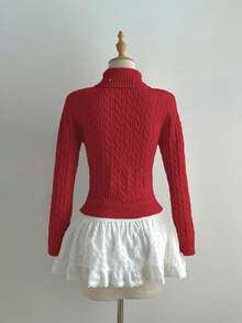 Elamini Suéter de punto con cuello alto y cordón para mujer/niña - Rojo - Ver 2