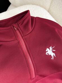 SHEIN 2 件套女孩休闲时尚街头风格服装，Polo 拉链高领长袖运动衫，宽松版型，超大阔腿裤，运动裤套装，适合日常穿着和锻炼 - 酒紅色 - 查看 4