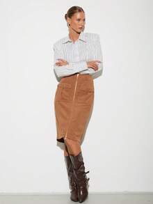 Almamuse Elegant Casual Vacation Camel Corduroy Front Zipper Skirt, Spring/Autumn - Camel - View 5