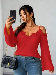 Elenzga Áo len chui đầu tay dài hở vai phối ren gợi cảm phong cách cổ điển thanh lịch dành cho nữ, dáng ôm vừa vặn, cỡ lớn, phong cách Goth Y2k, viền ren, hở vai, áo crop top tay dài, mùa xuân hè thu - Đỏ - Xem 4