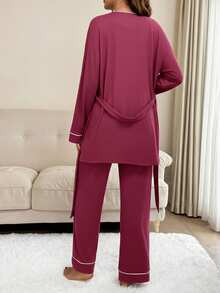 SHEIN 2 件套对比色饰边细肩带按扣前开合连体衣罩衫套装 - 酒紅色 - 查看 2