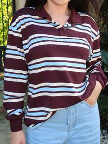 Durrani Popal 女式休闲拼色条纹长袖 T 恤，春秋季 - 彩色 - 查看 3