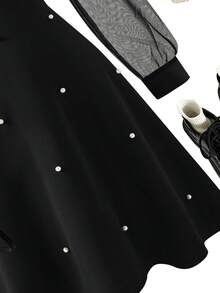 1pc Girls Wednesday Collared Mesh Patchwork Long Sleeve Dress, Elegant Gothic Style With Pearl Decor, Suitable For Back To School, Christmas And Other Occasions (Dress Only) - Black - View 6