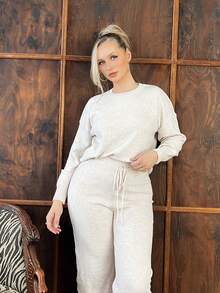 Arliah 2pcs Women Solid Color Round Neck Drop Shoulder Long Sleeve Sweater And Wide Leg Knit Pants Set, Autumn/Winter Fall Cloth For Women - Apricot - View 6