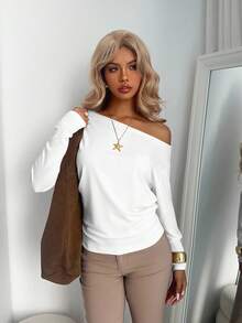 Áo thun Aloruh Elegant 95% Cotton phong cách Mỹ cổ điển, ôm sát vai, eo bất đối xứng, phù hợp cho mùa thu/đông, gợi cảm, đa năng, cổ điển, mềm mại, mặc ở nhà, trở lại trường, tủ đồ mùa thu; Đơn giản, thời trang; ấm cúng, sang trọng. - trắng - Xem 8