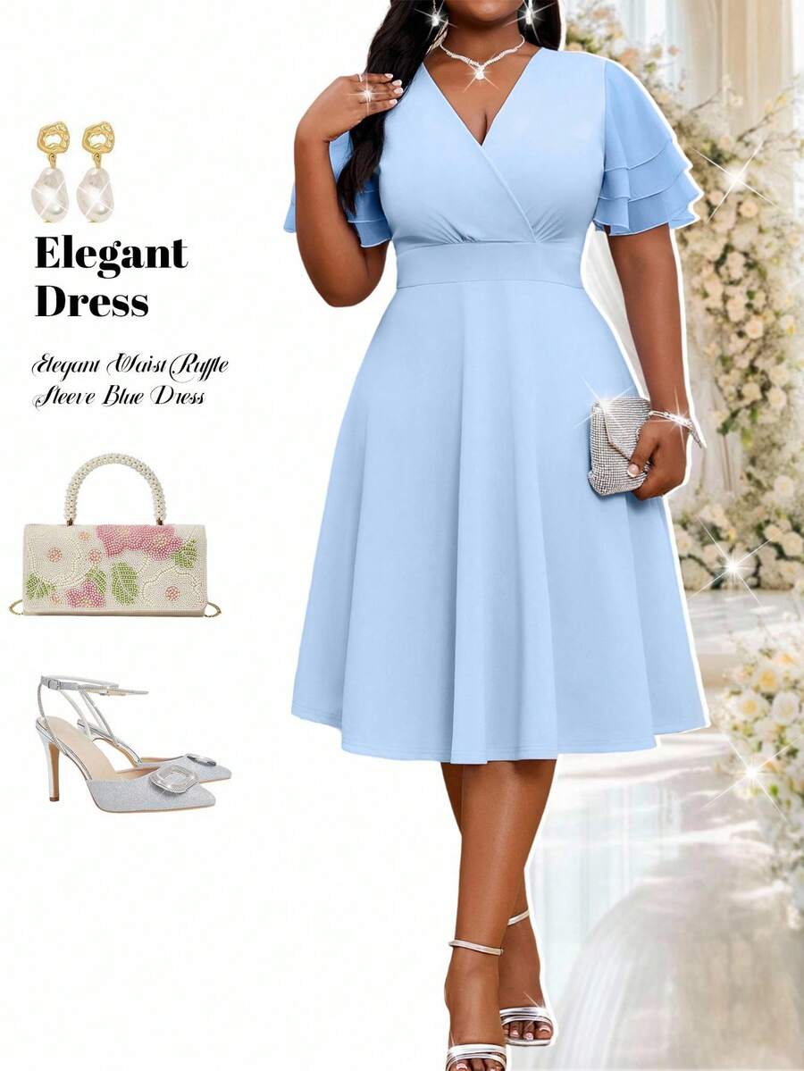 Fleurora Plus Size Elegant V-Neck Cinched Waist Ruffle Sleeve Blue Dress, Summer - Blue - View 1