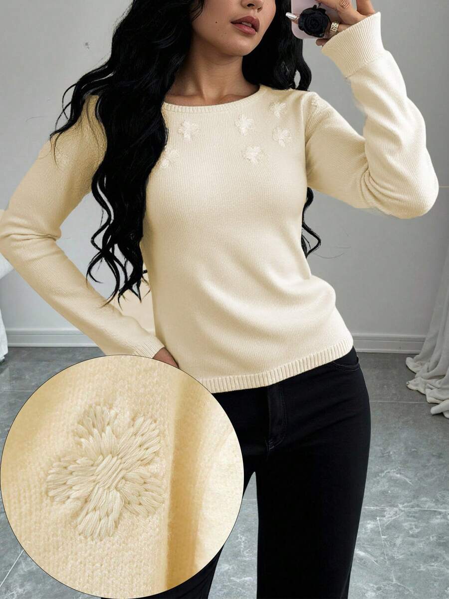 Rafferiza Pull slim à fleurs brodées pour femmes, automne/hiver