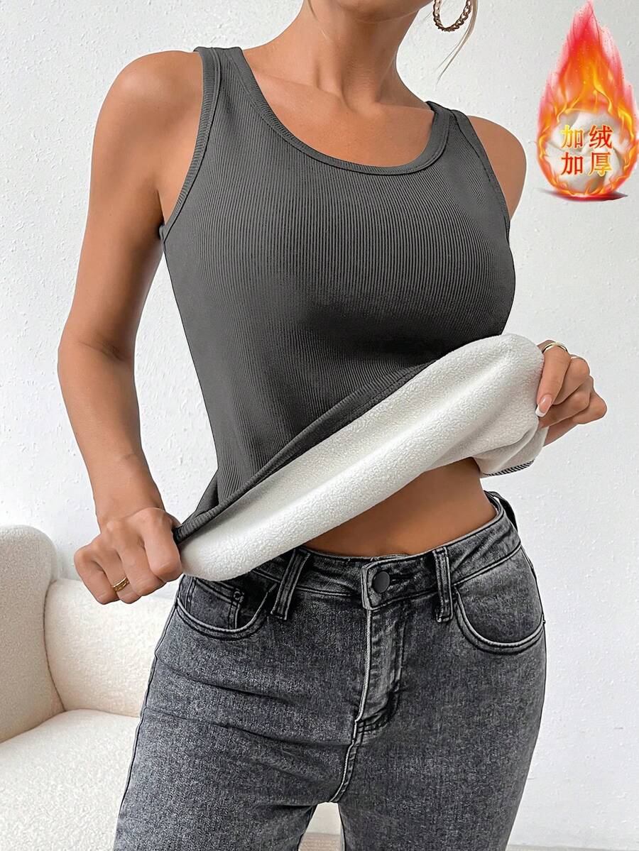 SHEIN LUNE Women's Casual Ribbed Knit Thermal Lined Slim Fit Tank Top, Versatile Solid Color For Daily Commute, Autumn/Winter - Dark Grey - View 1