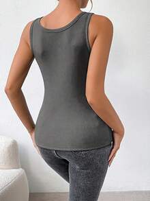 SHEIN LUNE Women's Casual Ribbed Knit Thermal Lined Slim Fit Tank Top, Versatile Solid Color For Daily Commute, Autumn/Winter - Dark Grey - View 2