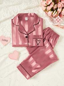 Girls Champagne Striped Long Sleeve Cardigan And Pants 2 Pieces Pajama Set