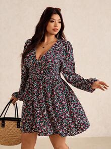Elaquor Plus Size Casual Vacation Ditsy Ditsy Floral Cinched Waist Lantern Sleeve Dress, Autumn Women Floral Dress Picnic Dress Ditsy Floral Dress Long Sleeve Floral Dress