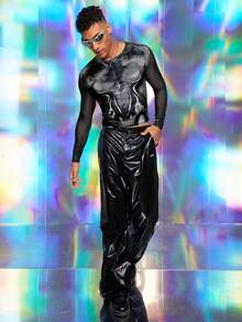 FeverCity 男士数码印花网眼圆领紧身长袖T恤，性感，适合夏季和秋季 - 黑色 - 查看 3