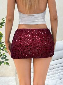 SHEIN EZwear 女士酒红色亮片装饰紧身Y3K派对迷你裙 - 酒紅色 - 查看 2