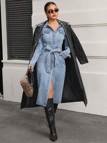 SHEIN PETITE 女式时尚休闲单排扣腰带牛仔连衣裙