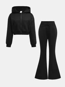 Girlism Tween Girls Knit Hooded Zip-Up Sweatshirt And Sweatpants Set, Casual Loungewear, Autumn/Winter - Black - View 6
