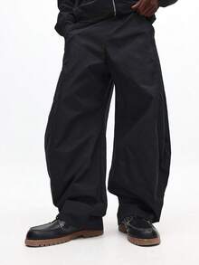 SUMWON Wide Leg Barrel Fit Nylon Pull On Pants With Seam Details Elastic Waist Casual Streetwear - Black - View 1