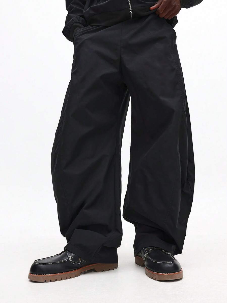 SUMWON Wide Leg Barrel Fit Nylon Pull On Pants With Seam Details Elastic Waist Casual Streetwear - Black - View 1