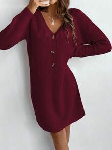 SHEIN LUNE V-Neck Raglan Sleeve Half-Placket Knit Casual Loose Sweater Dress - Burgundy - View 1