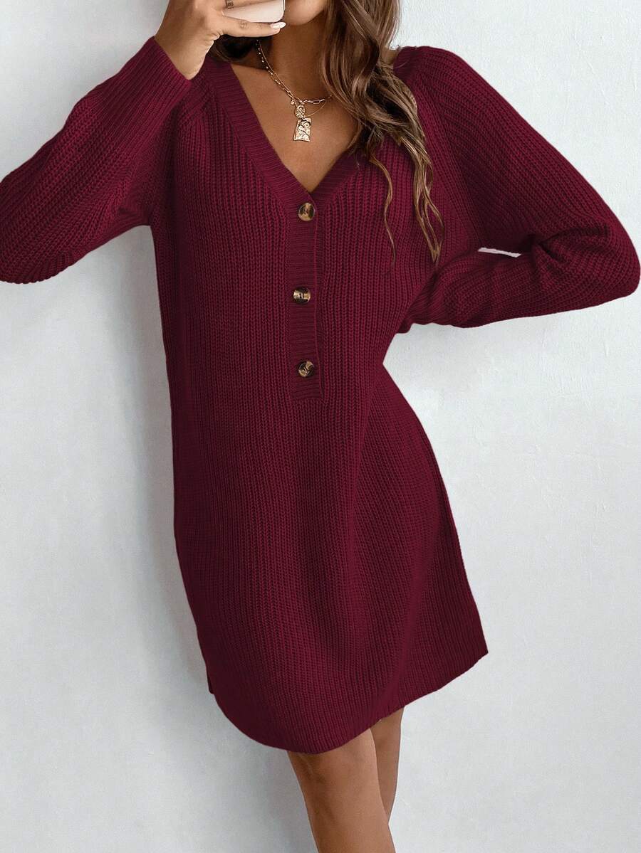 SHEIN LUNE V-Neck Raglan Sleeve Half-Placket Knit Casual Loose Sweater Dress - Burgundy - View 1