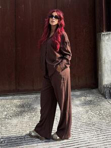 Bearsaez Bộ 2 món áo sơ mi và quần màu trơn mặc thường ngày và công sở cho nữ - màu nâu - Xem 5