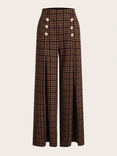 SHEIN Tall Retro Plaid Urban Commuter High-Waisted Wide Leg Pants, Elegant Gingham Tweed,Fall,Fall Clothes For Women,Winter Clothes For Women