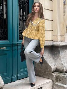 Pariaura French Style Plaid Peter Pan Collar Patchwork Ruffle Women Shirt - Mustard Yellow - View 4